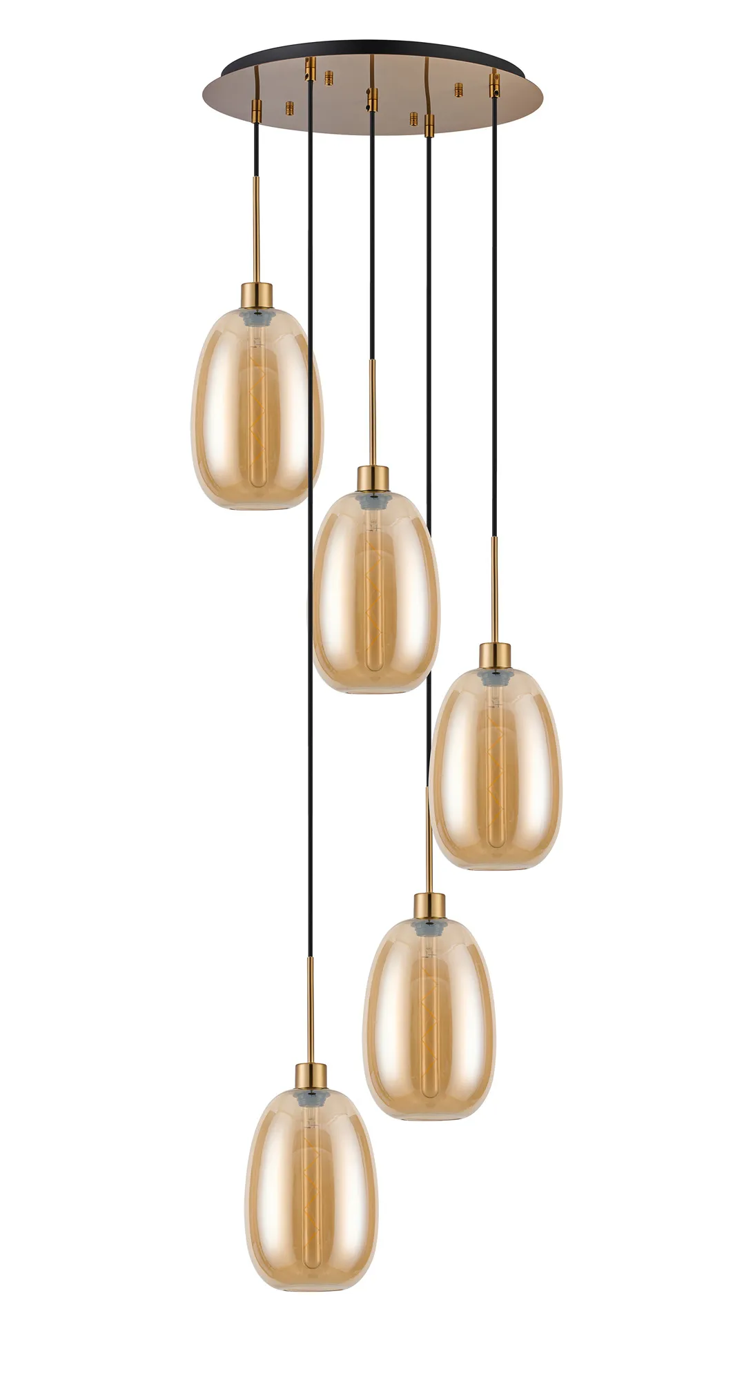 DK1187  Lori 45cm Round Pendant, 5 Light Adjustable E27, Antique Gold/Amber Slim Curved Trapezium Shades